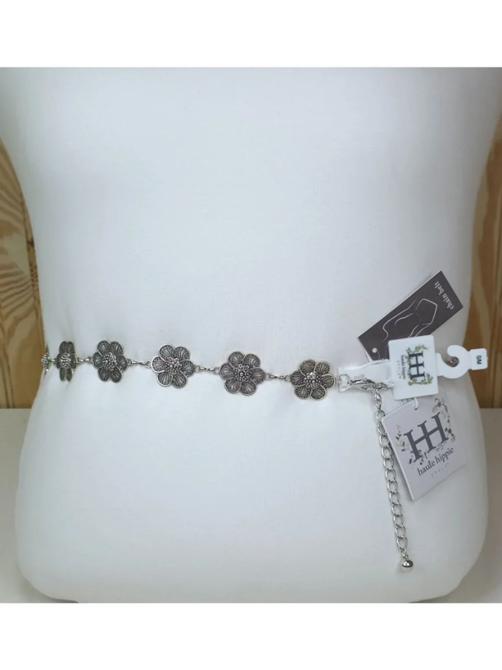 Haute Hippie Silver Flower Chain Belt Concho Adjustable S/M 1.25